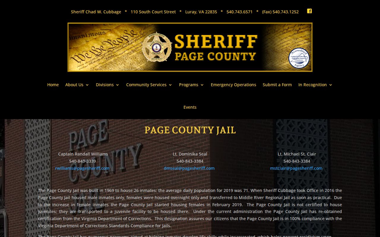 Page County arrest lookup information from the county jail