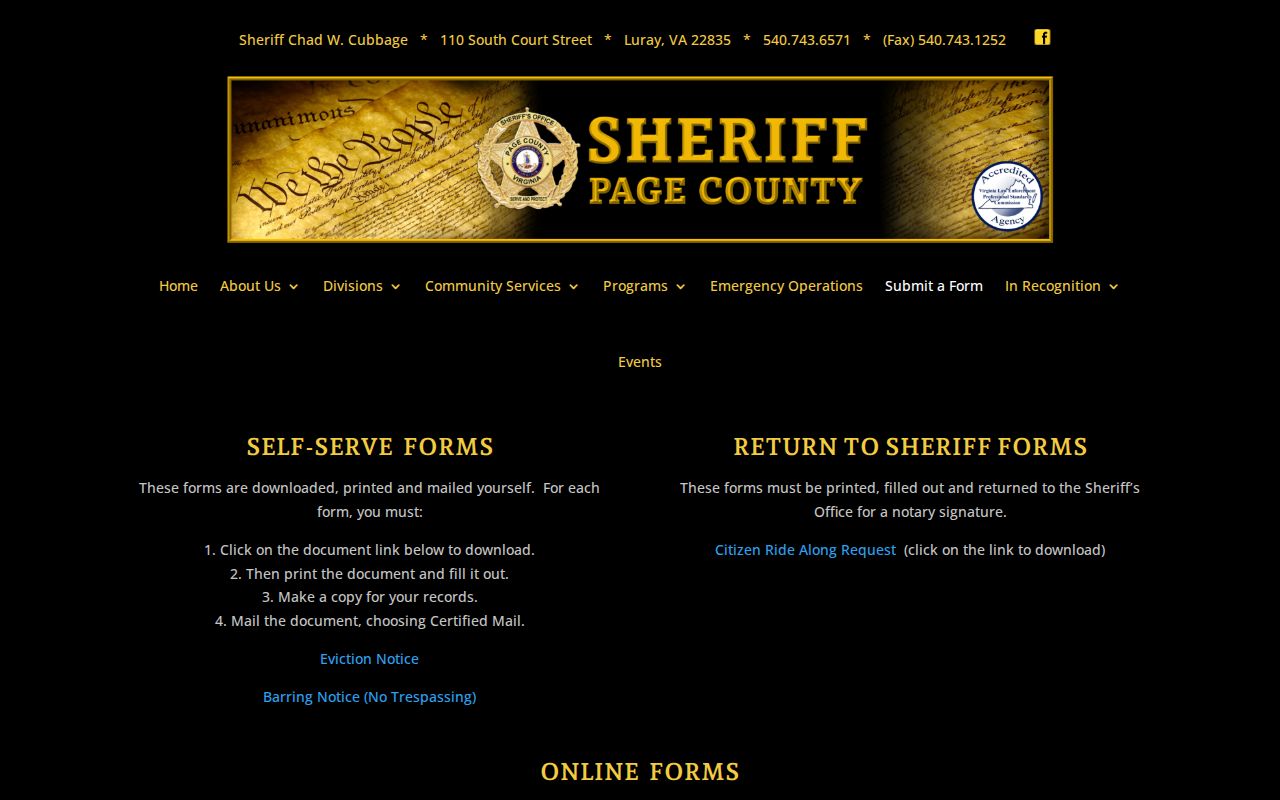 Page County sheriff forms used for arrest record requests