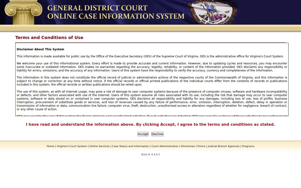Page County criminal case search in the General District Court portal