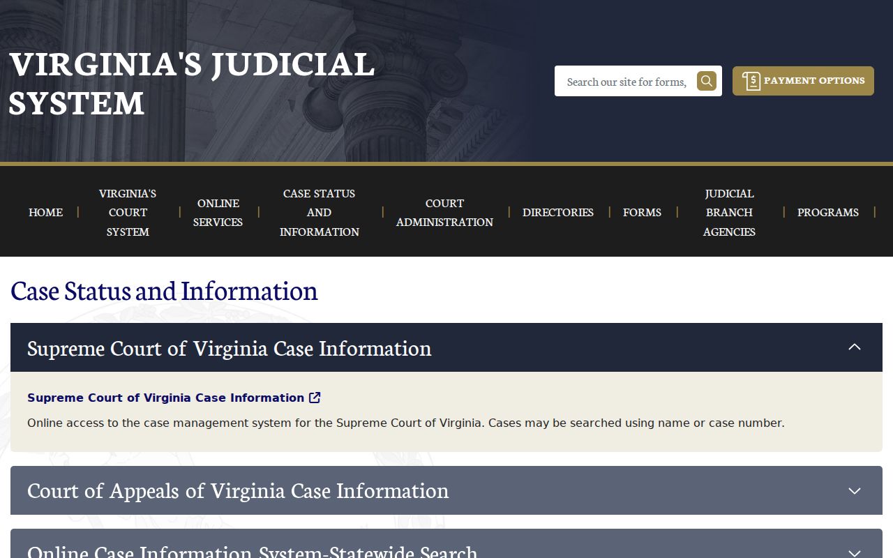 Virginia case information gateway for Page County criminal court cases