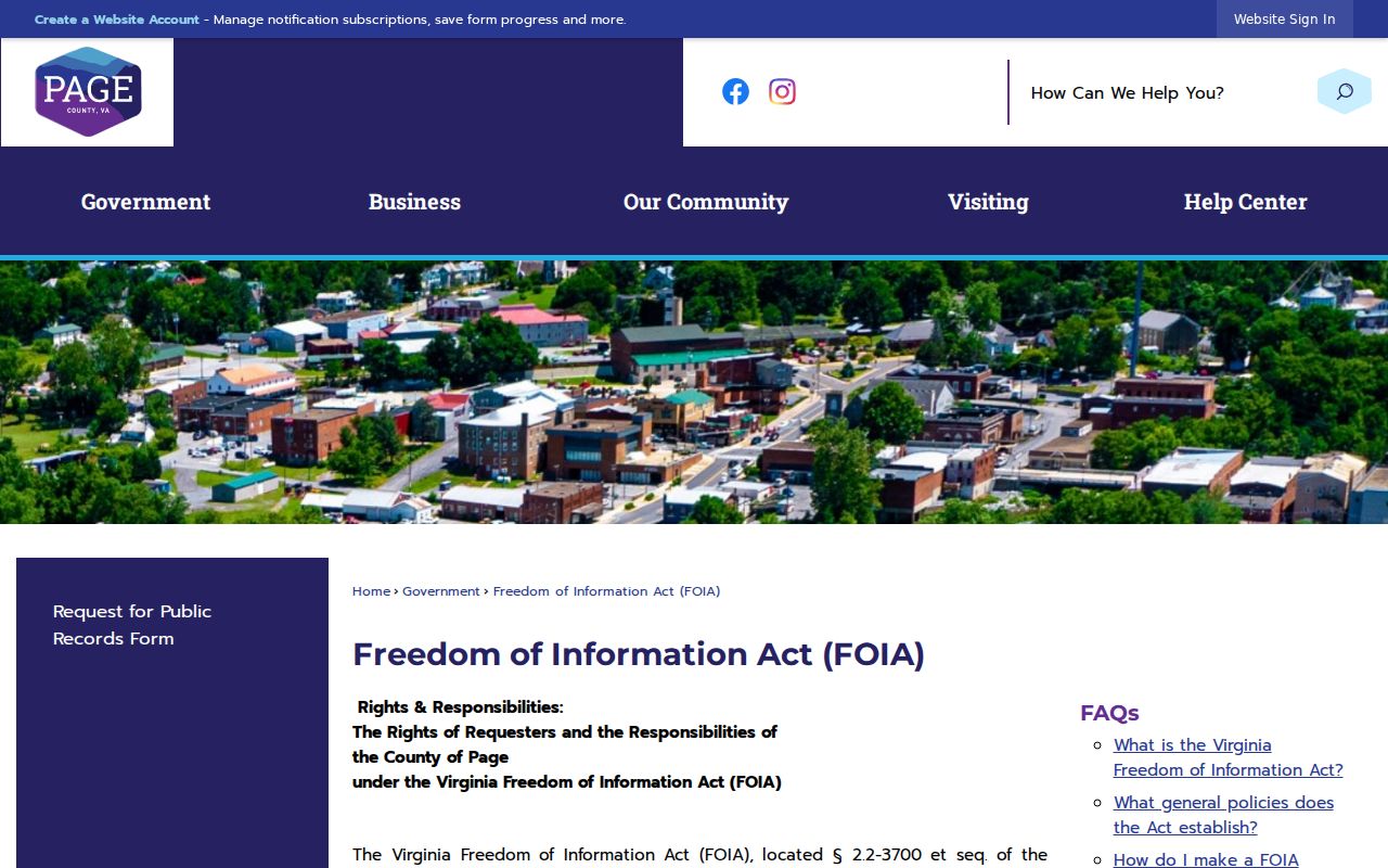 Page County criminal record FOIA request instructions