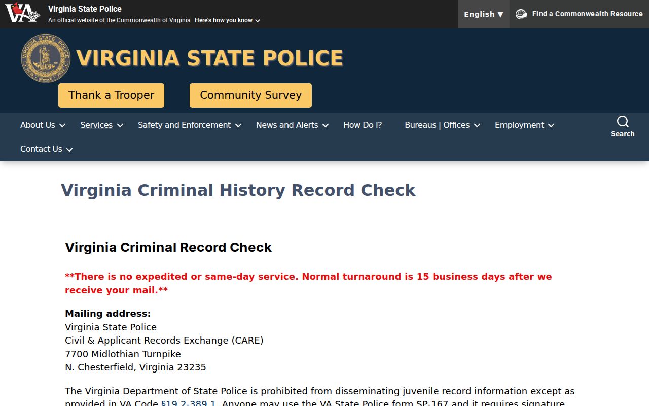 Virginia official Page County criminal history check instructions