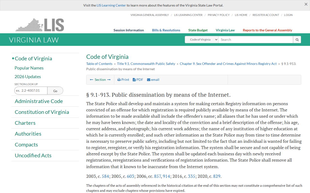 Virginia Internet registry statute for Page County sex offender records
